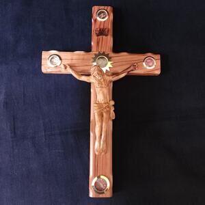 Large Olive Wood Cross Crucifix Orthodox Holy Land Jerusalem Hand Made 5 Lenses